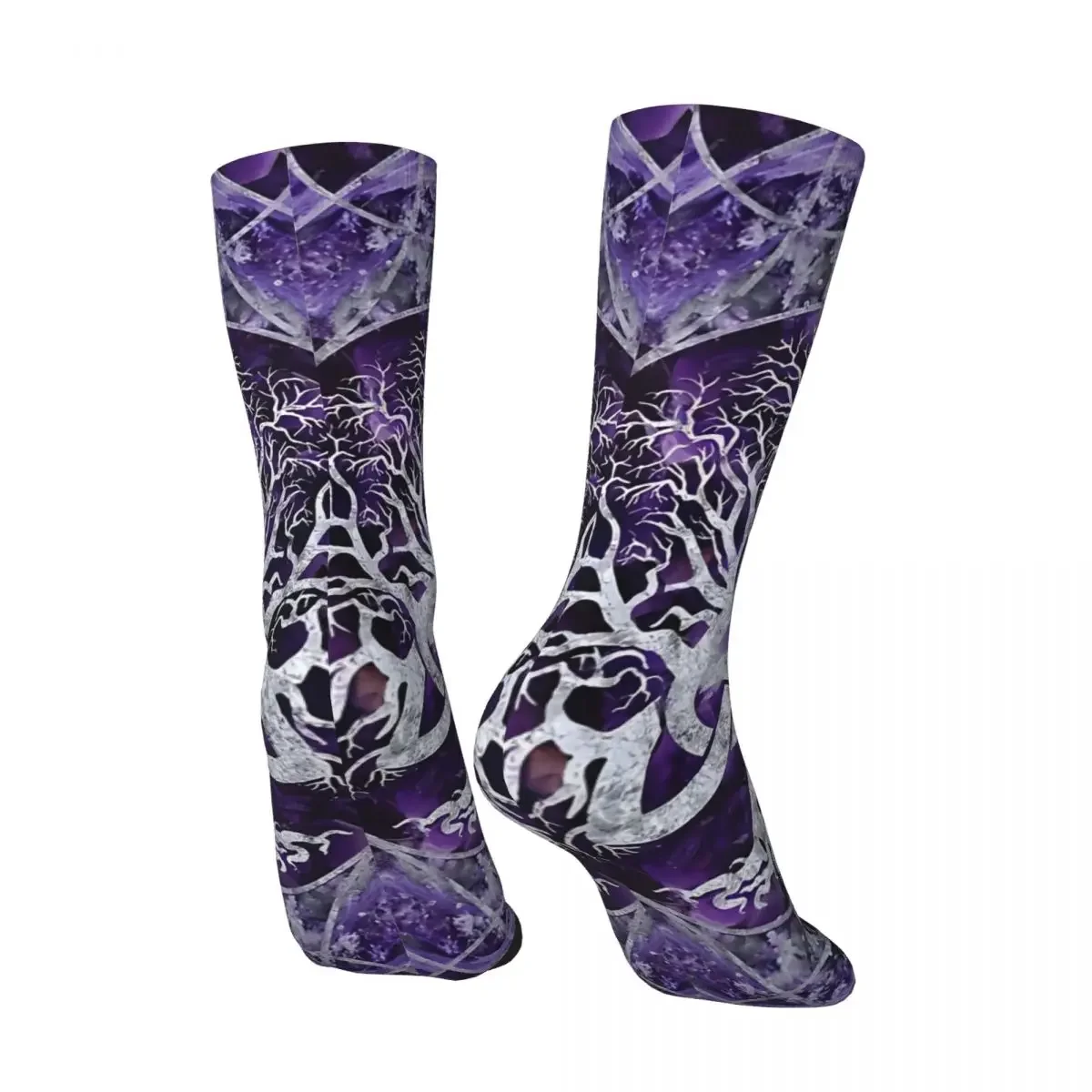 Tree Of Life With Triquetra Amethyst And Silver Men's Socks Retro Harajuku Street Style Novelty Seamless Crew Sock