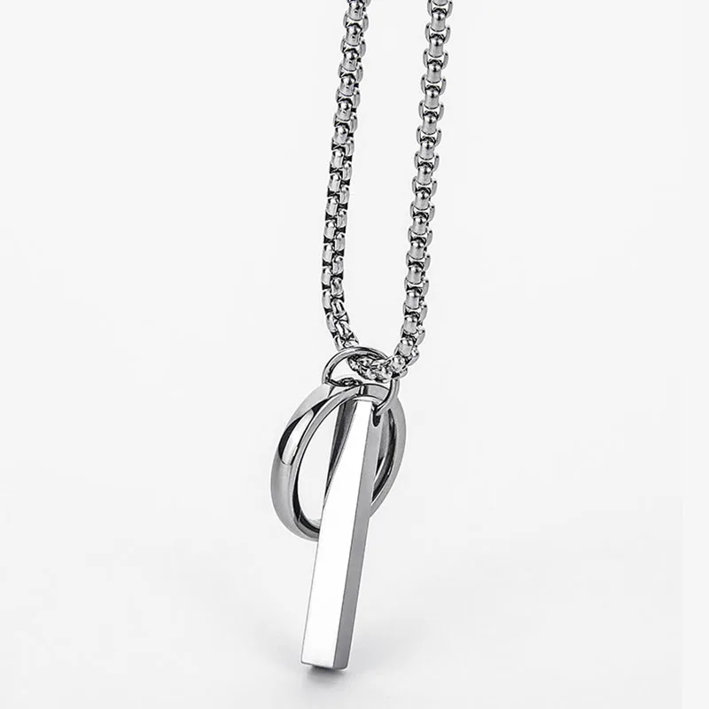 New Geometric Round Hoop Cuboid Pendant Necklace for Women Men Stainless Steel Sweater Chains Hip Hop Neck Chain Pendant Jewelry