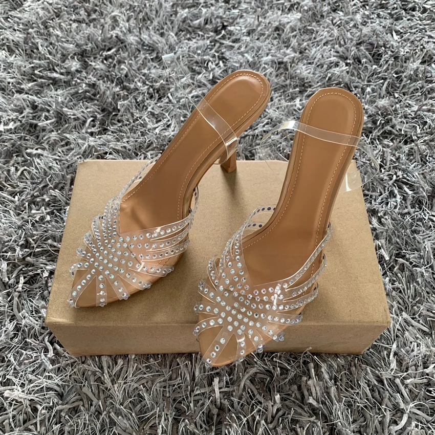 Femmes été strass Slingback pompes fête de mariage dame sandales à talons transparents élégant bout pointu femme Sexy talons hauts