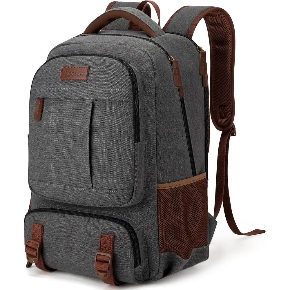 

15.6 Inch Canvas Laptop Backpack, Unisex Travel Work Rucksack, Large Capacity Bookbag - Grey