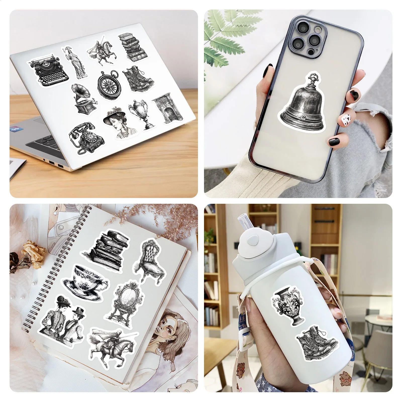 10/25/50pcs Mixed Black White Retro Old Things Graffiti Stickers for Notebook Guitar Laptop Phone Stationery Suitcase Helmet