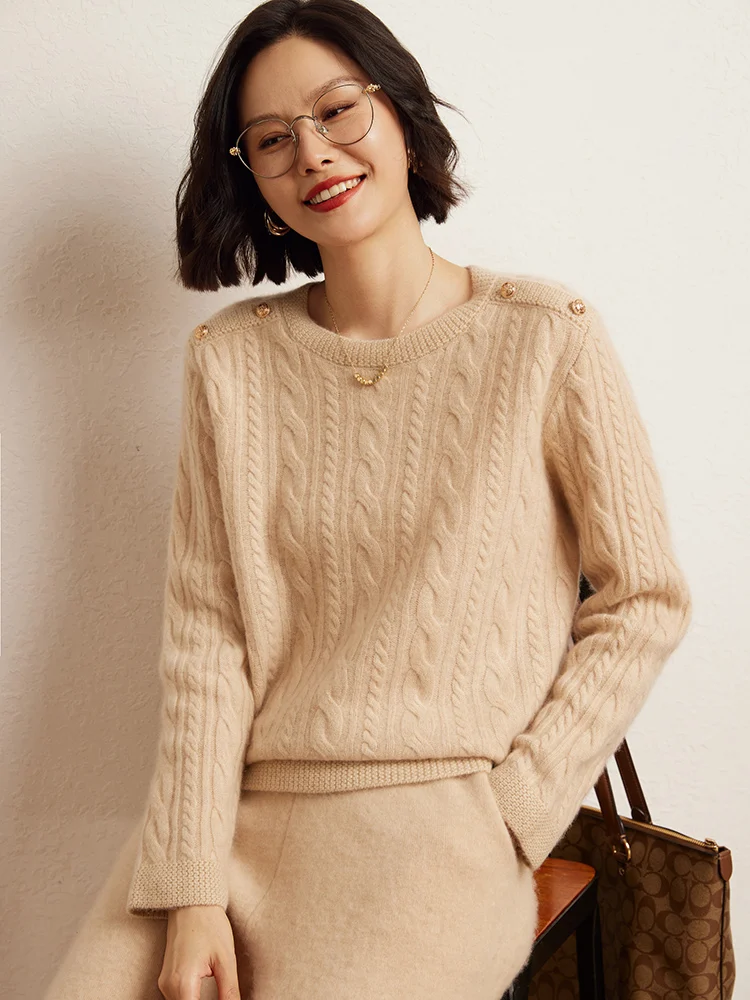 

England Style Women's Sweater Pullover 100% Cashmere Sweater Autumn Winter Clothing O-Neck Casual Twist Flower Shoulder Buckle