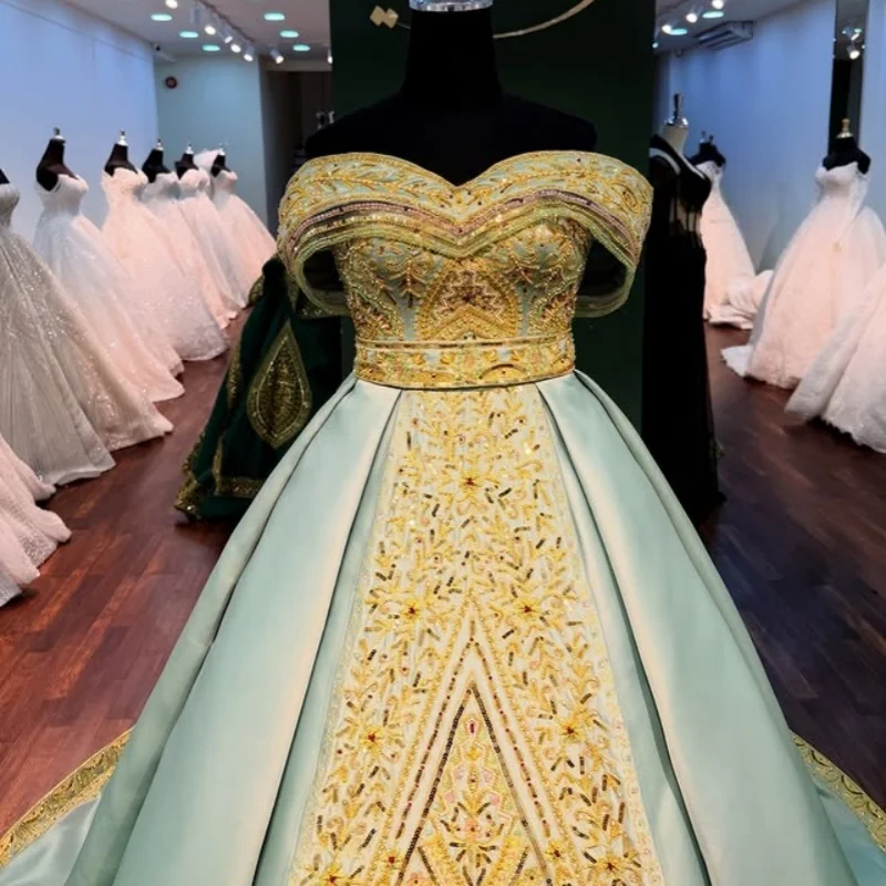 

Блестящее зеленое платье Quinceanera с открытыми плечами и кристаллами, длинный хвост, трапециевидные платья de 15, Quinceanera ﻿ Настроить