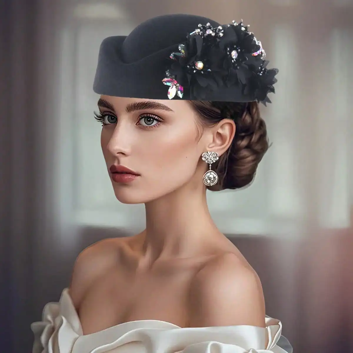 Frauen Pillbox Hut mit Blumen Vintage britischen Stil Derby Hüte Filz Baskenmütze Fascinators Caps für Kirche Tea Party