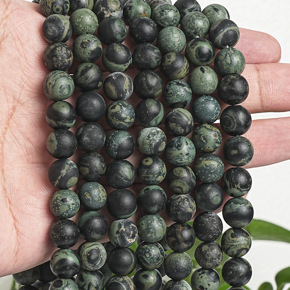 Natural Green Frosted Stone Kambaba Jaspers Round Loose Matte Beads for Jewelry Making DIY Handmade Craft Supplies 14\