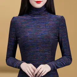 Add Velvet and Thick Autumn and Winter New Korean Version Slim Fit Women's Top Long Sleeved T-shirt High Neck Warm Women's Shirt
