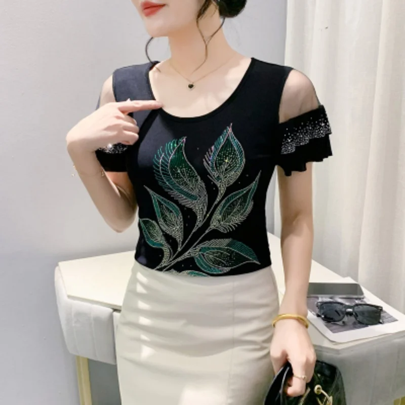 New 2025 Summer Design Short Sleeved Women's T-Shirt High Quality Fashion Hot Diamond Elegant Slim Chic Ruffles Mesh Top Blusas