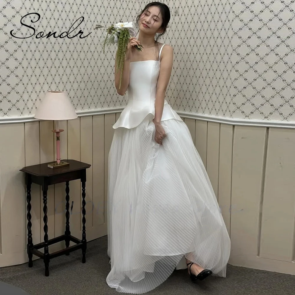 Sondr 2025 새로운 스파게티 스트랩 한국 웨딩 드레스 맞춤형 a 라인 새틴과 얇은 명주 그물 신부 셀프 웨딩 드레스 사진 촬영