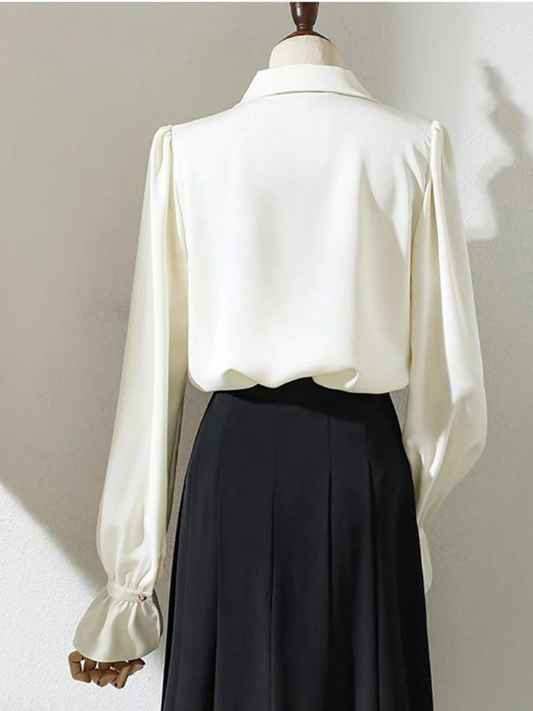 Eleganckie koszule damskie na jesień, szykowne bluzki z guzikami, falbankami, rozkloszowanymi rękawami, luźne, modne, morelowe, codzienne, do biura, delikatne topy.