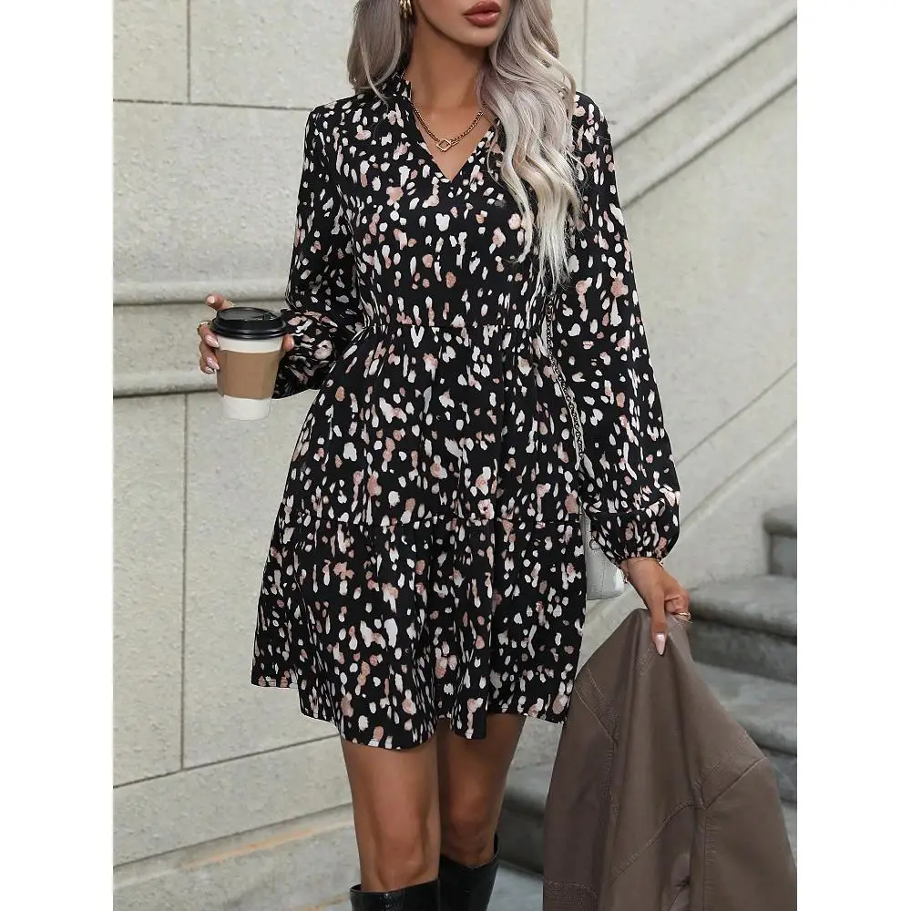 Women 100% Polyester Woven Abstract Spot Print Mini Dress Ruffle V‑Neck Lantern Sleeve Tiered Loose A‑Line Daily Dress