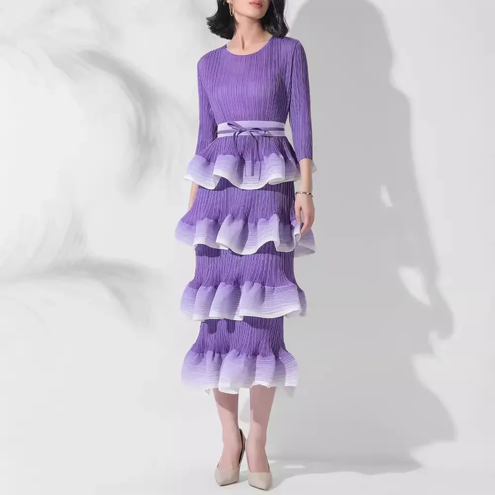 

Miyake Fashion Cross-border Long Skirt Gradient Cake Skirt Ruffle Lace Foreign Trade Mid-length Niche Exquisite Pleated Dress