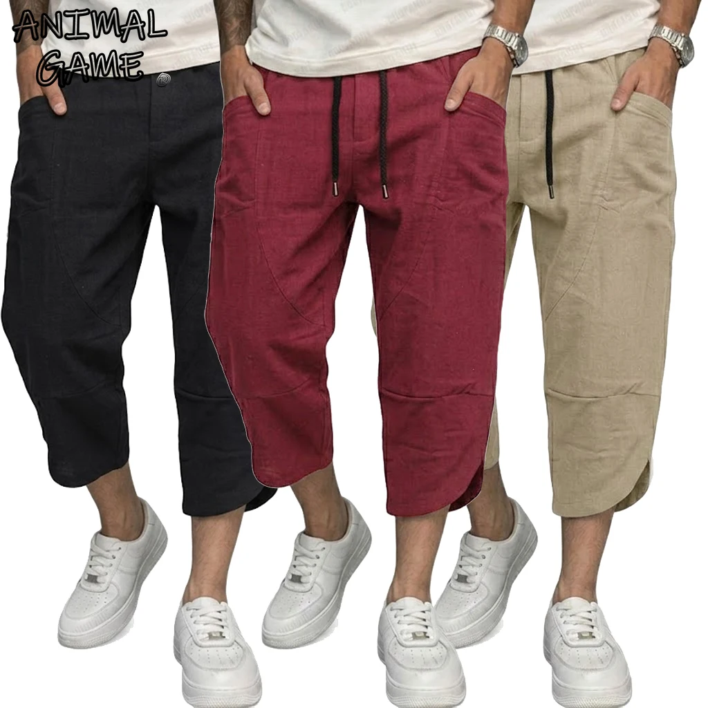 

Корейские льняные повседневные шорты с карманами для мужчин, дышащие, легкие, свободные брюки для активного отдыха, мужские хлопковые брюки для спортзала