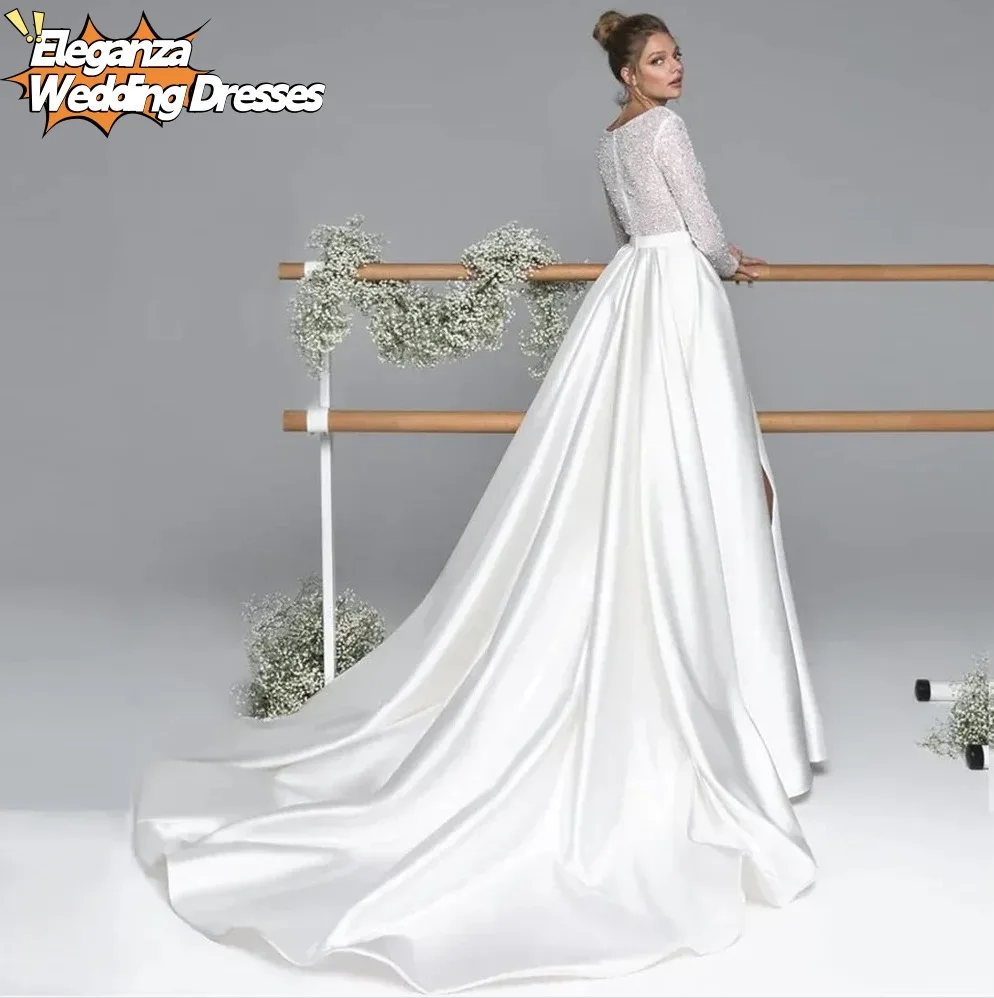 Customized Sexy Deep V Neck A Line Wedding Dresses For Women Sequins Long Sleeves Satin Skrit Bridal Gowns With Split Slit 2025