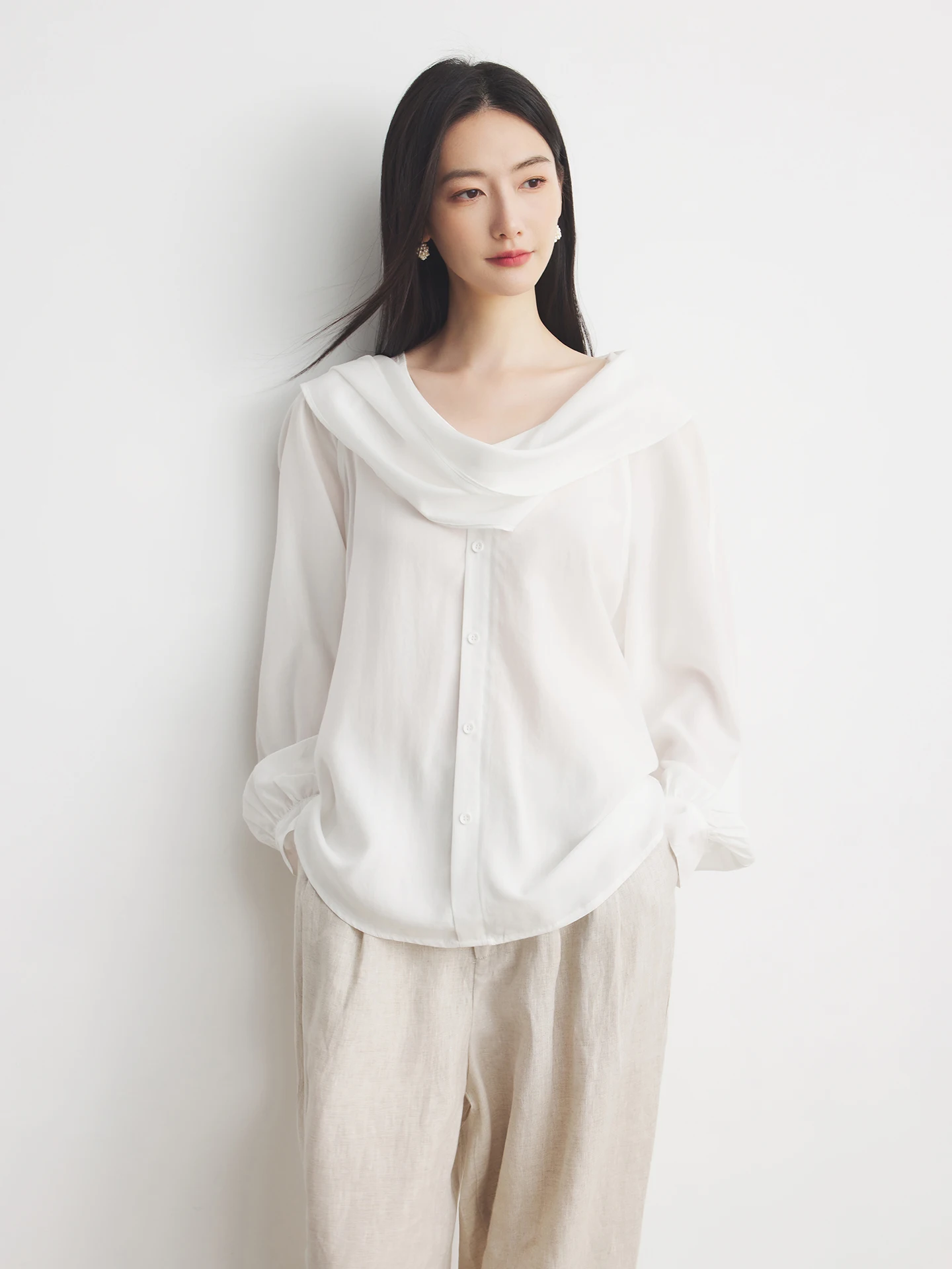 

Annata Ele White Silk irt Women's Long Sve Spring Autumn Swinging Collar Draped Hemline Simple Commute Sle Straigh...