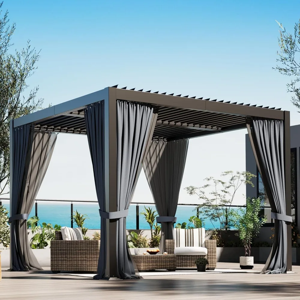 

Металлическая пергола размером 10 x 10 дюймов, пергола для патио на открытом воздухе с крышей, алюминиевые беседки с шторами, водонепроницаемая беседка для сада