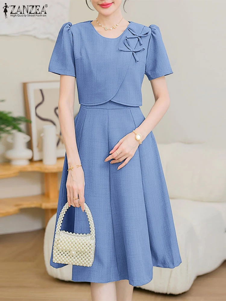 ZANZEA Elegante Frauen OL Arbeitskleider 2025, Sommerkleid, kurze Ärmel, Bögen, Sommerkleid, stilvoll, tailliert, A-Linie, Party, Vestido, Midi-Robe