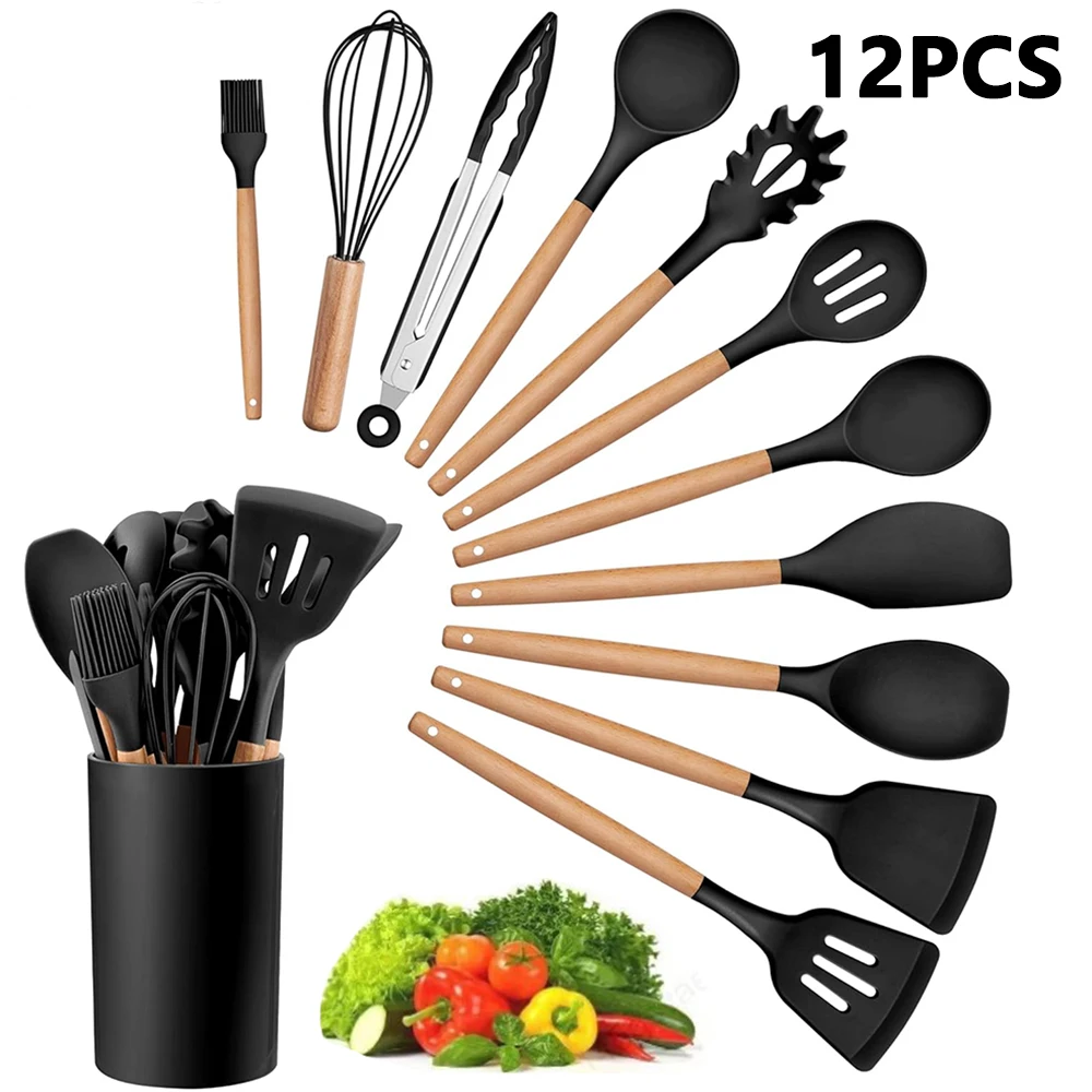 12Pcs Silicone Kitchenware Non-Stick Cookware Kitchen Utensils Set Spatula Shovel Egg Beater Wooden Handle Cooking Tool Set