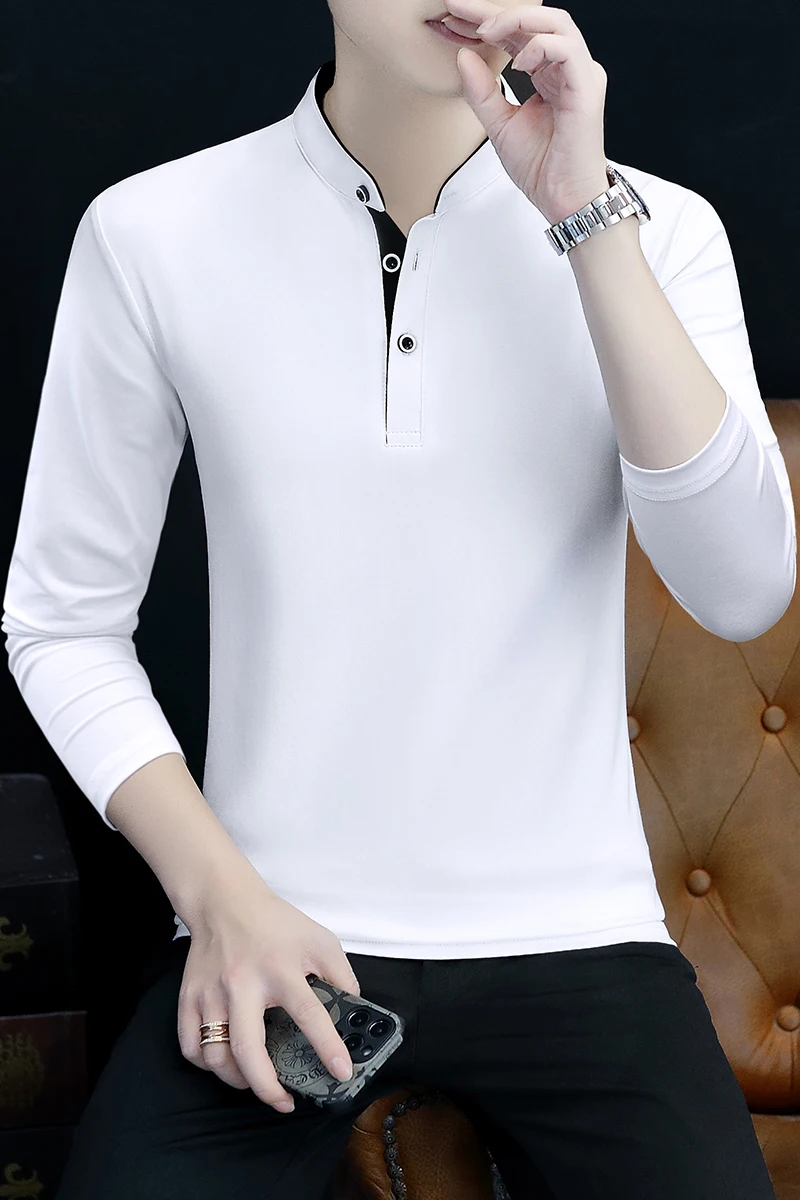 2026 Autumn Men's Fashion Casual Base Long-Sleeved T-Shirt with Small Collar