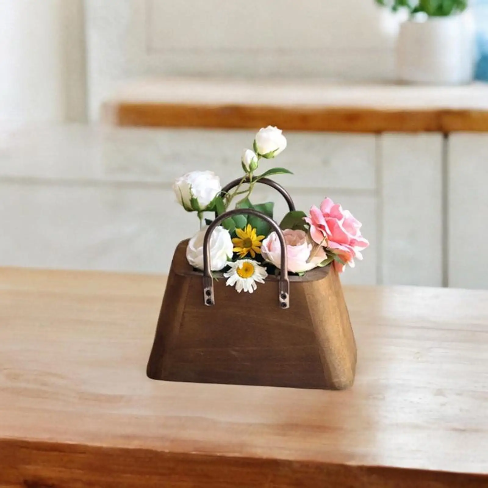 Wooden Purse Vase Flower Holder Handbag Shape for Potted Plants Home Decoration Rustic Plant Pot Vintage for Photo Props