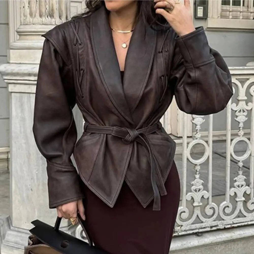 

Autumn And Winter Faux Leather Jackets For Women 2024 Chic Dropped Shoulder PU Jacket Coat Casual Office Lady Blouse