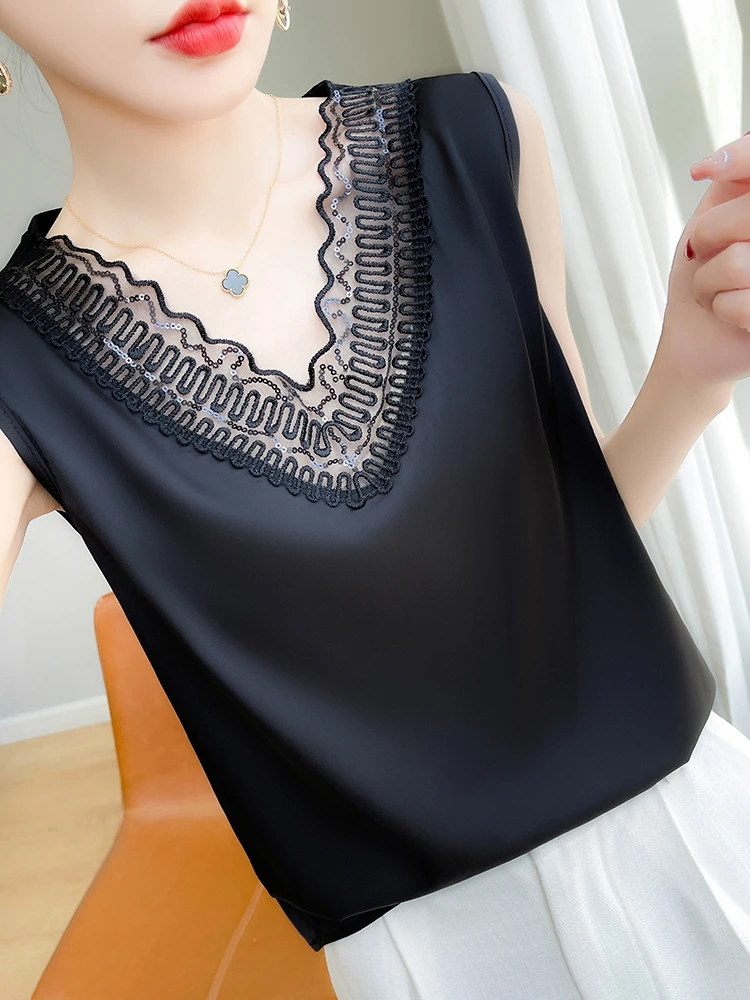 Artificial Silk Satin Lace Tank Top Thin Smooth Summer Women Bow-tie Lace Camis Silky Feel Cool Sleeveless T-shir CN Size 12426t