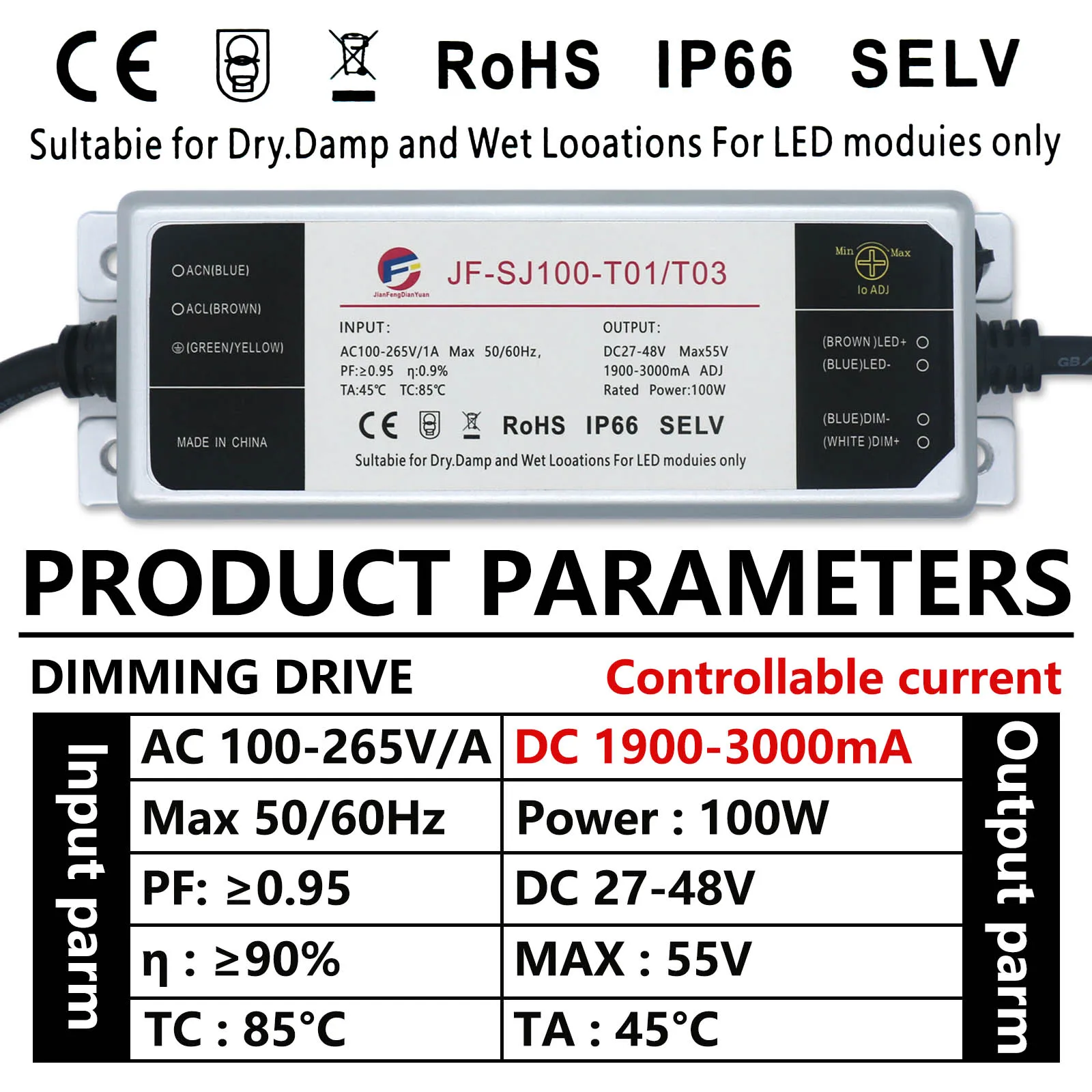 Imagem -03 - Led Driver Regulável Transformador Eletrônico Triac Comutação de Alimentação Ip67 Impermeável 110v 220v ac para dc 24v48v 100w