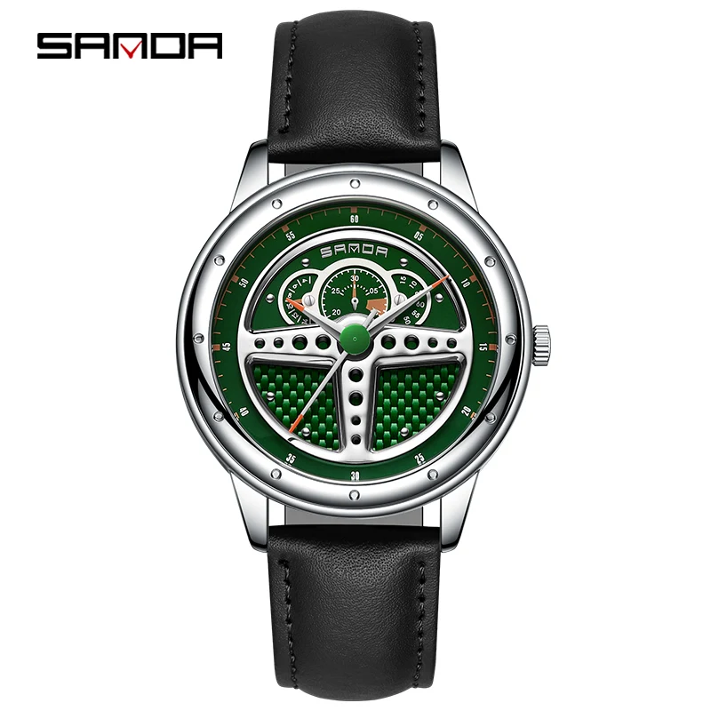 SANDA P1110 2023 Fashion Men Steering Wheel Design Watch Luxury Sports Waterproof Quartz Wristwatch Male Clock Relogio Masculino