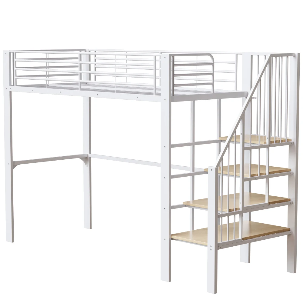 Stabiles Hochbett aus Metall, 90 x 200 cm/140 x 200 cm, mit geräumigem Stauraum unter dem Bett und Treppe für Kinder und Erwachsene, Bettgestelle und -gestelle – Detail 7