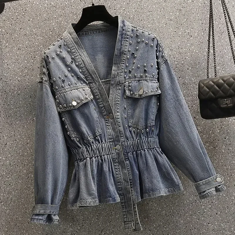 Denim Jacket for Women Studded Cinched Waist Jean Coat Spring Autumn Slim Crop Short Biker Outerwear Small Harajuku Streetwear