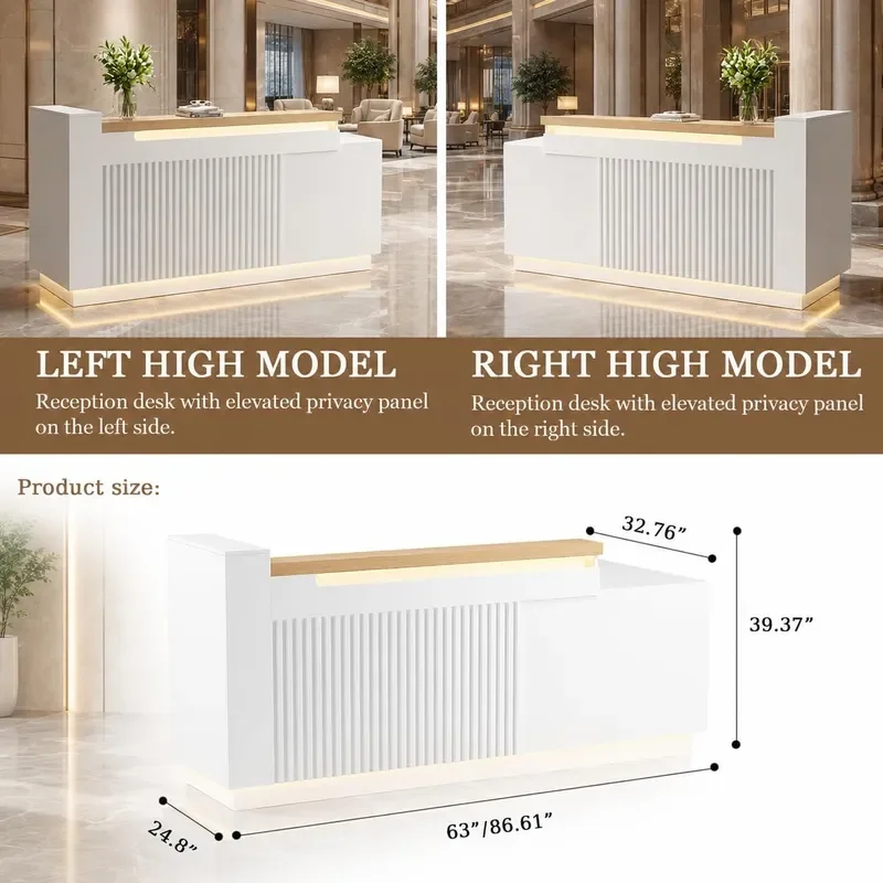 63 L-Shaped Reception Desk with Counter Lockable Drawers LED Built-in Outlets Keyboard Tray Modern Front Desk Reception