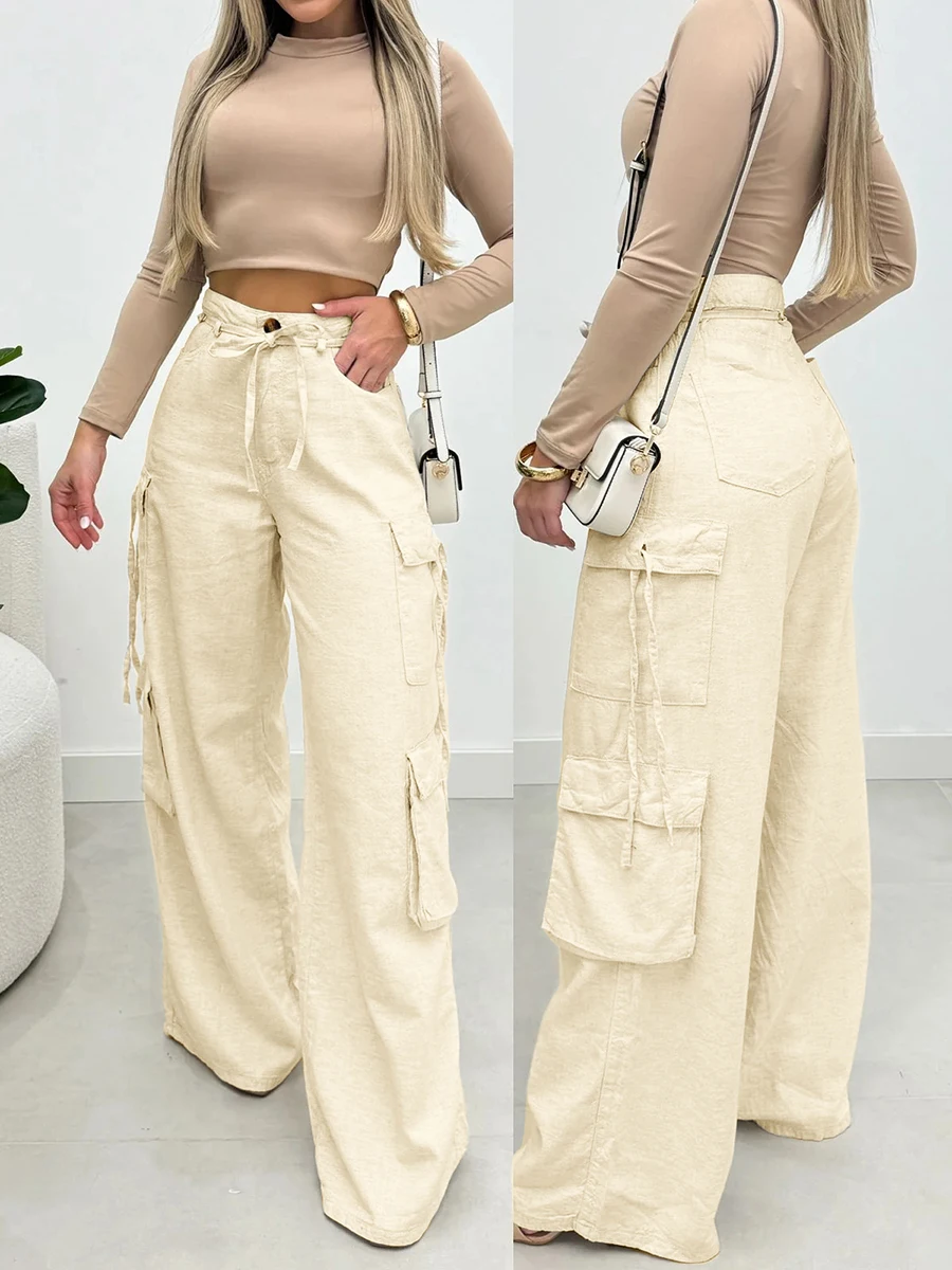 Womens High Waisted Cargo Pants Wide Leg Baggy Trousers Multi Pockets Casual Solid Color Loose Drawstring Streetwear Pants