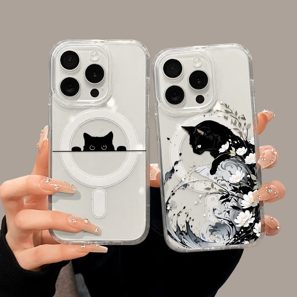 Cute Cat For Magsafe Wireless Charger Case For iPhone 17 15 16 11 12 13 14 Pro Max Air Magnetic Shockproof Clear Phone Cover
