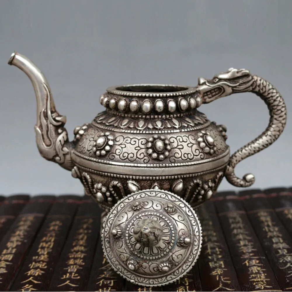 White Copper Silver-Plated Teapot Dragon Handle Wine Kettle Chinese Embossed Floral Ewer Home Ornament Folk Decor
