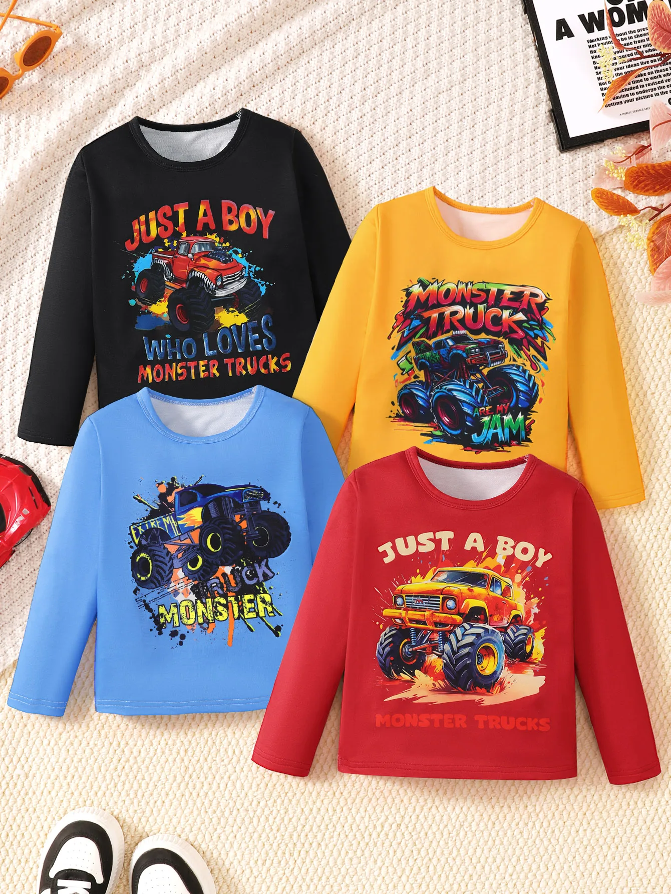 4-Pack of Boys' Cool Off-Road and Sports Car Print Long-Sleeve Thickened Tops - Comfortable Casual Crew Neck Pullovers, Spring and Autumn Clothing