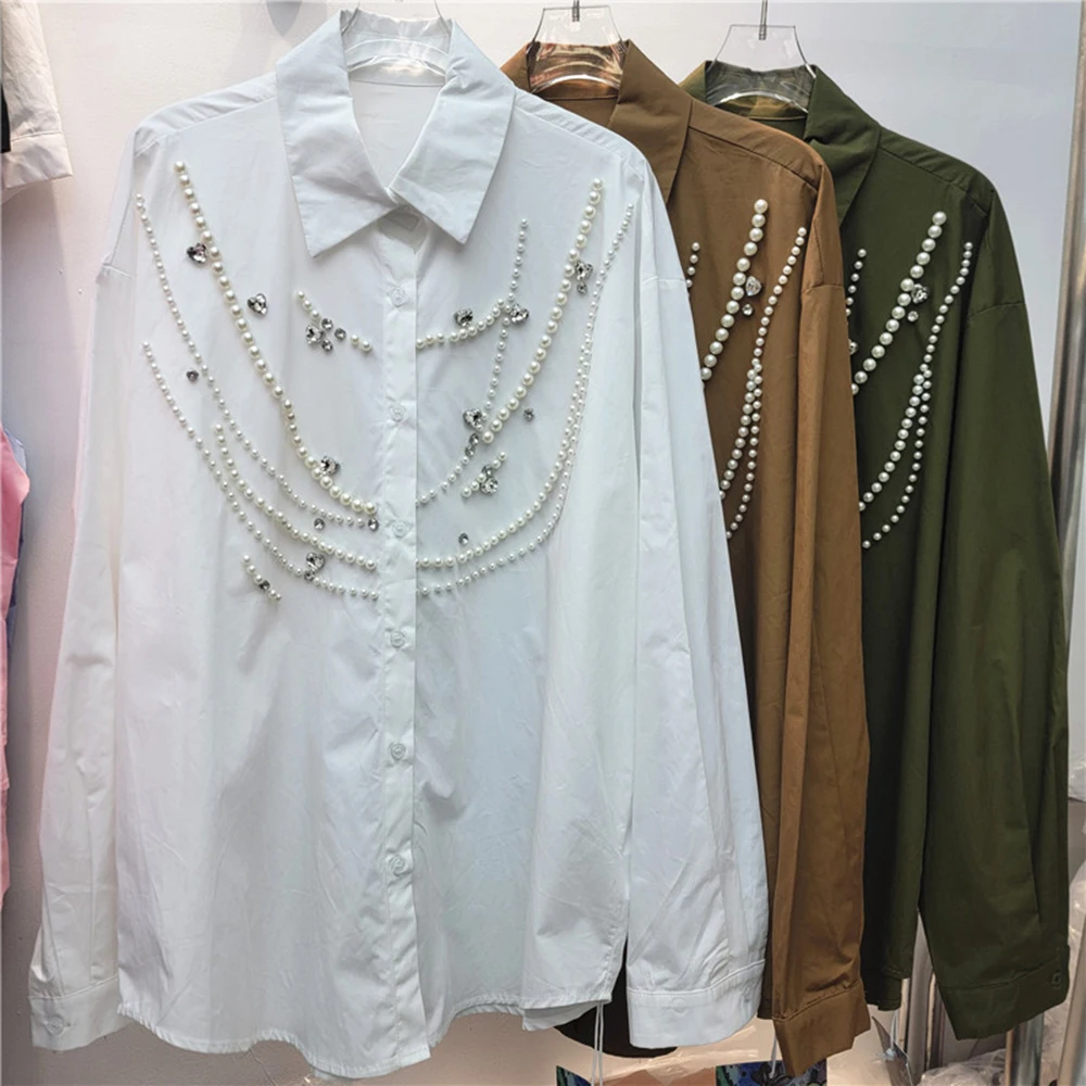 

Женская рубашка с жемчугом и бисером, новинка 2026, модная свободная повседневная универсальная однобортная блузка с длинными рукавами, шикарная офисная женская блузка, топы