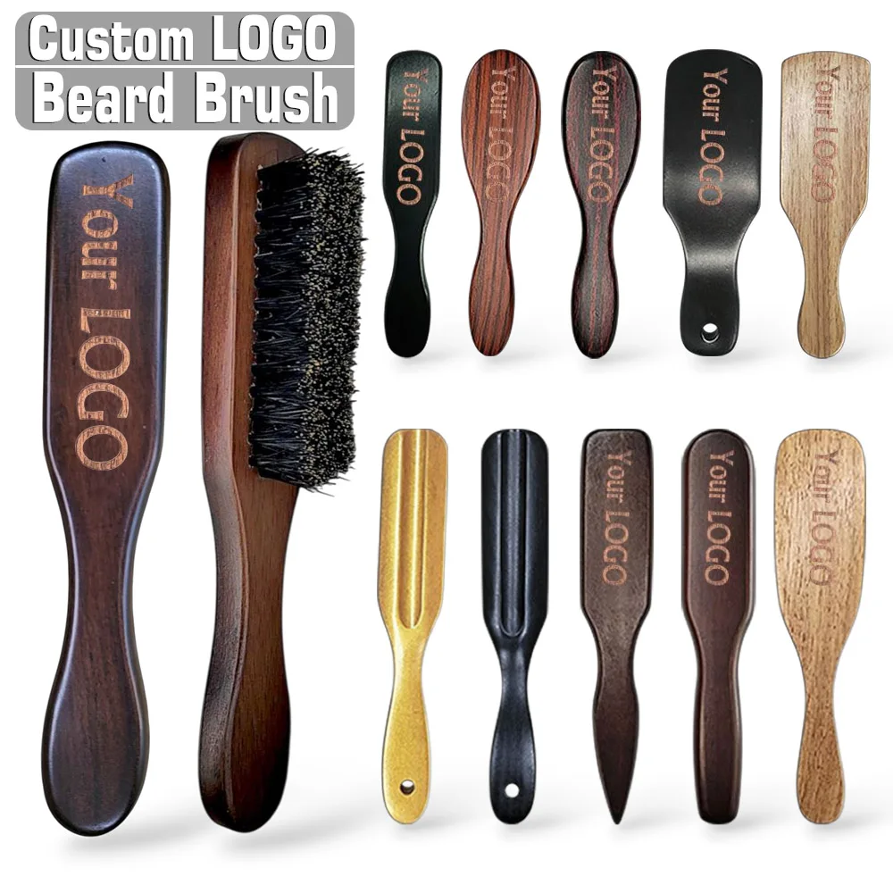 Custom LOGO Beard Brush - Personalized Your Name Date Text Wood Facial Hair Brush 100 % Boar Bristles  for Men