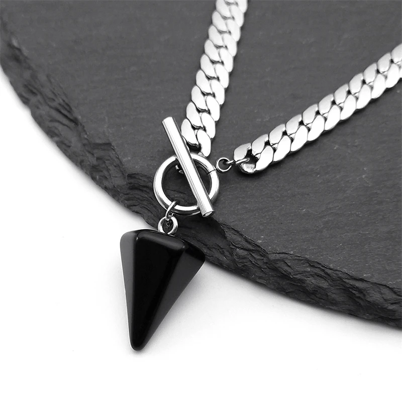 Goth Obsidian Reiki Heilung Pendel für Wahrsagerei Halskette Frauen Edelstahl Kette Kegel Anhänger Halsketten Schmuck NXS03 – Detail 4