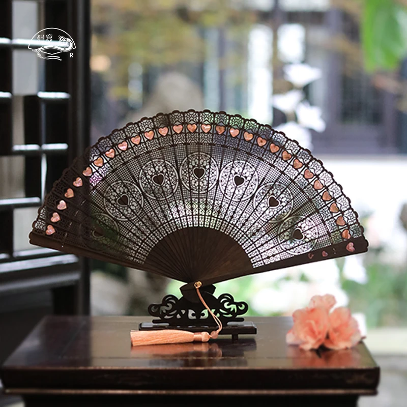NEW Gift Folding Fan Sandalwood Fan Ebony Mother-of-Pearl Inlaid Cultural and Creative Suzhou Fan Chinese