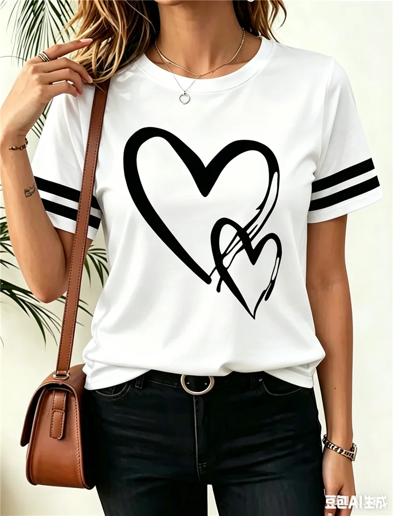 Street Love Heart Pattern Couple Valentine's Day Women T-Shirts Summer Short Sleeve 3D Printed Street Ladies Tee Casual Tops