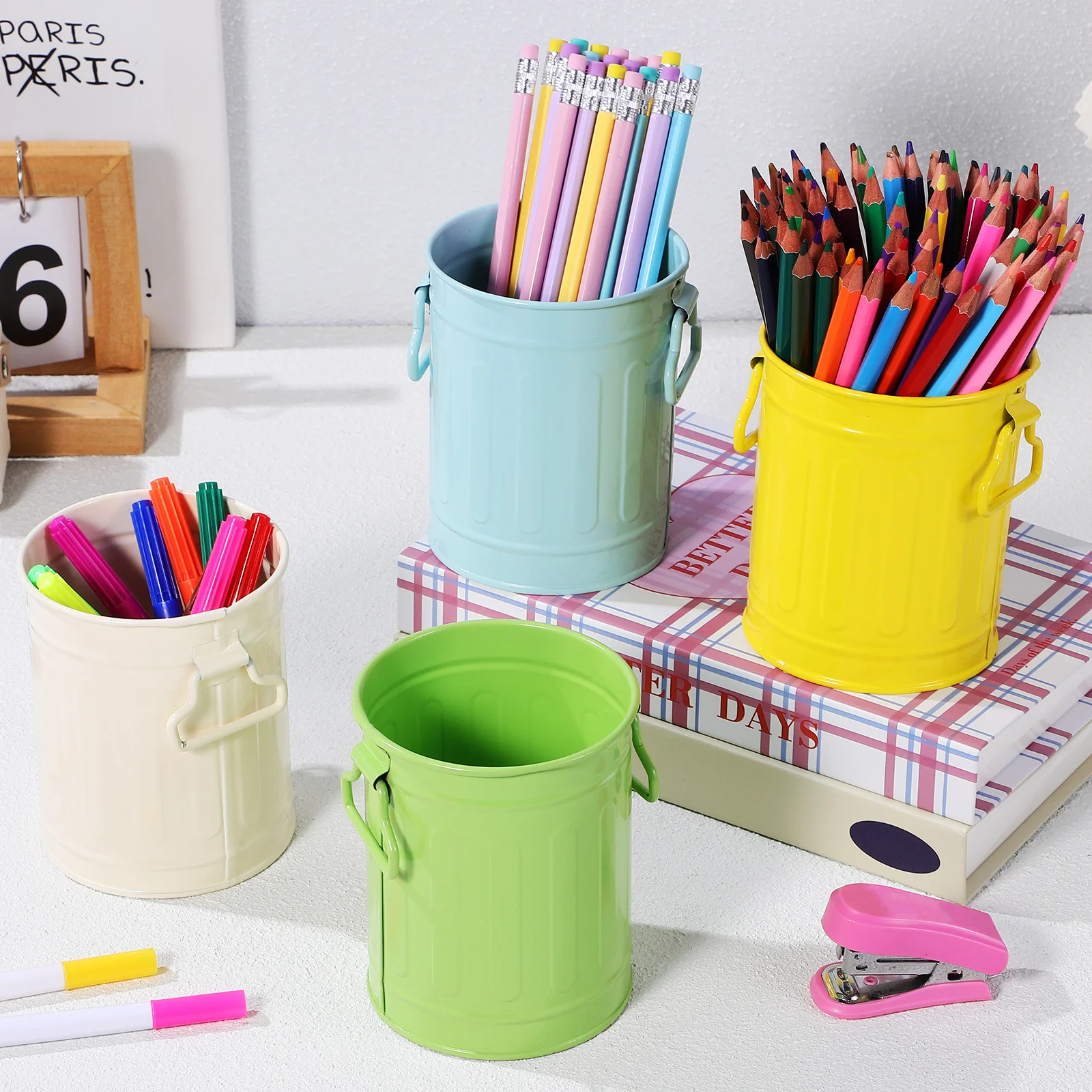 Pot à crayons en métal, 4 pièces, 1 pot à stylo, tasse à crayons, support de papeterie, évaluation de maquillage, vase à pinceaux, boîte de rangement en fer, bureau, travail d'enfant, E27