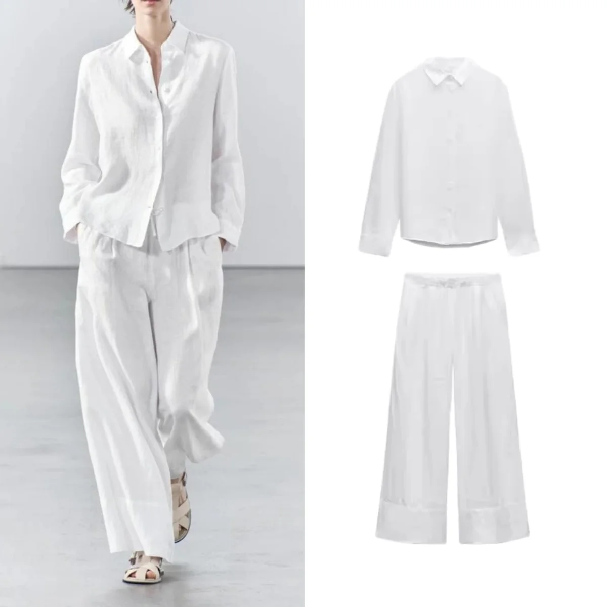 

Весенний новый простой воротник, длинный све, льняная смесь irt, широкие брюки, комплект Faion, женская одежда премиум-класса, работает orm