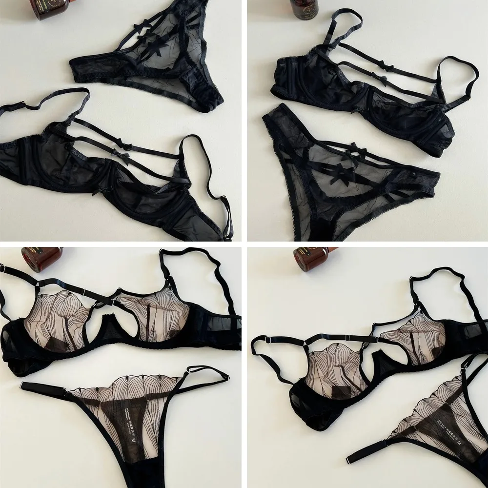 

Ultra-Thin Lace Bralette Set with Adjustable Bow Tie & Underwire, Sexy Hollow Out Bra for Women
