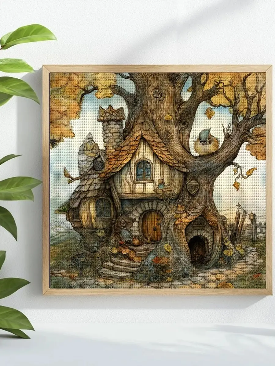 1 Stück 40x40 cm/15,74 Zoll Baumhaus Gestempeltes Kreuzstich-Set DIY-Kit 11CT/14CT DIY-Stickset DIY-Kreuzstich-Set – Detail 1