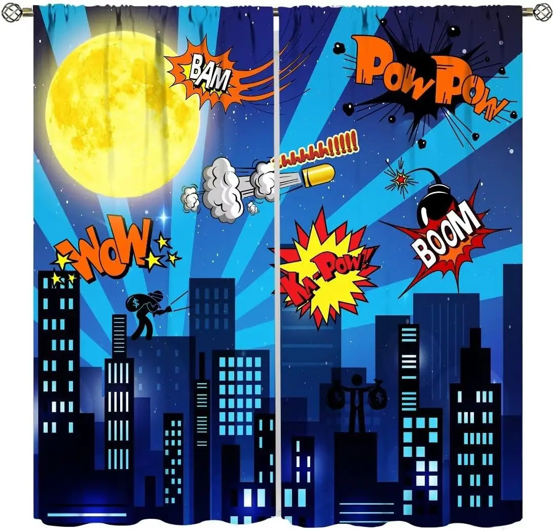 Super City Hero Children Window Curtains,Comics Style Urban Superhero Cartoon Window Treatments for Kids Boys Bedroom Nursery