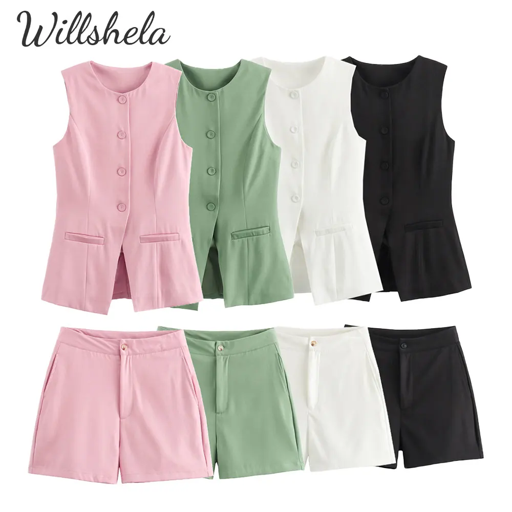 

Willshela женские модные комплекты из 2 предметов, винтажный однотонный жилет и шорты, женский шикарный женский жилет и шорты для координации