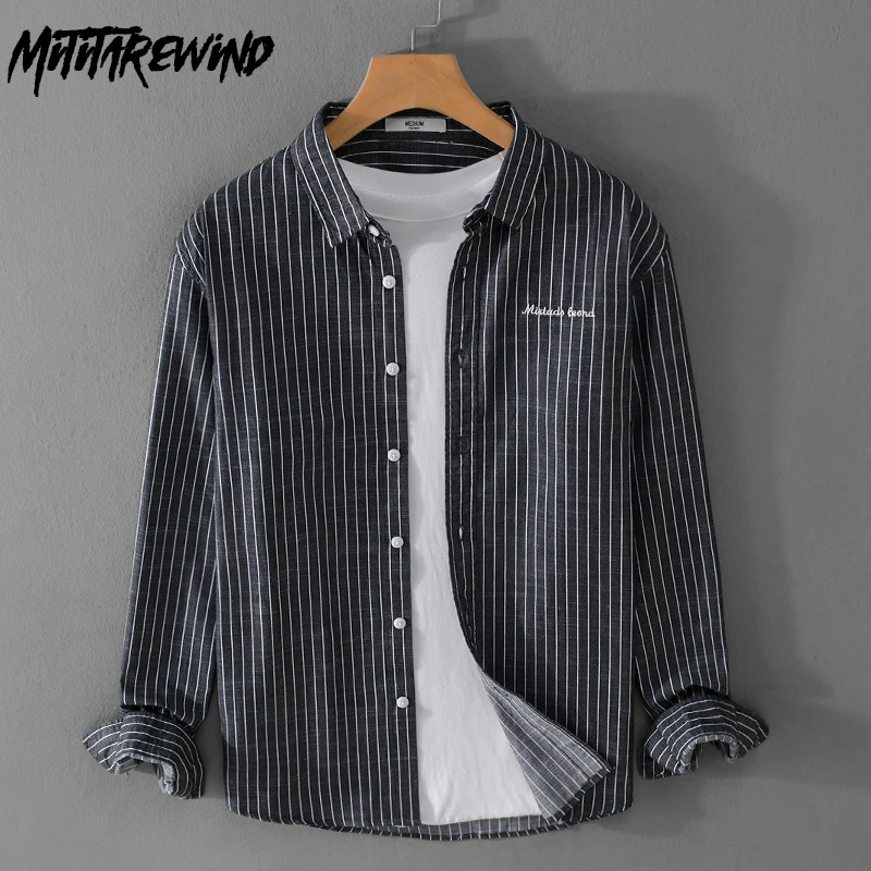 

Striped Long Sleeve Shirts for Men Spring Summer Daily Casual Slim Fit Shirt Lapel Pure Cotton Button Up Shirt Men Simple Tops
