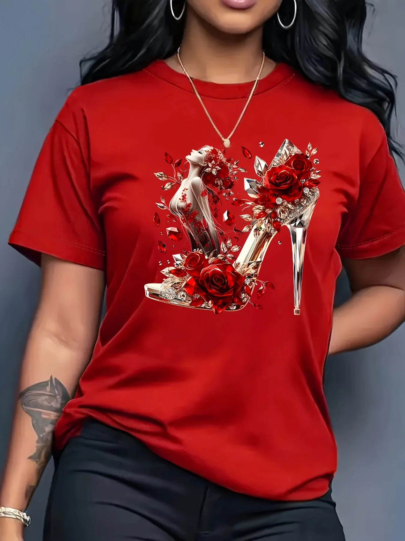 Vibrant Crystal High Heel & Rose Graphic Print Women's T-Shirt Fashion Harajuku Kawaii T-shirt Women's Y2K Clothing