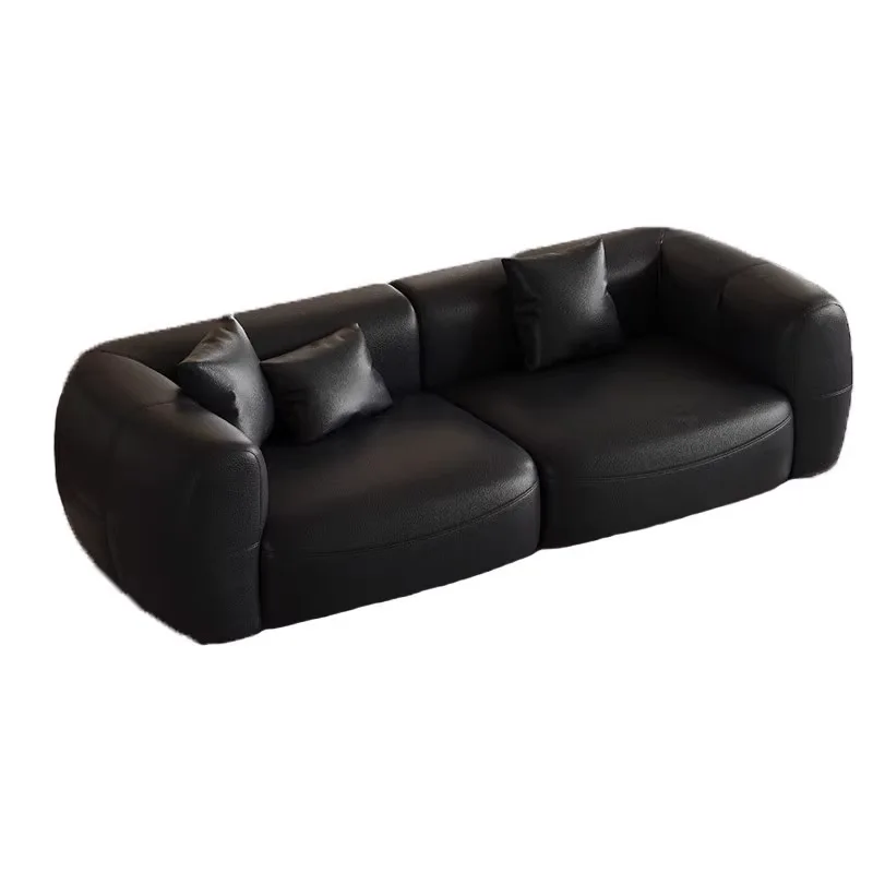 

Retro style black first layer cowhide leather big white sofa modern simple straight row medium ancient style three person