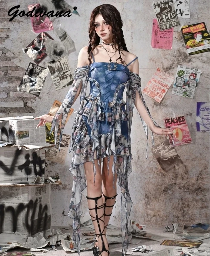 جديد الصيف Y2k الضالة الرياح فراشة طباعة ملطخ بولي Leather الجلود الربط حمالة حبال علوية الرسن تنورة غير النظامية 3 قطعة مجموعة #3