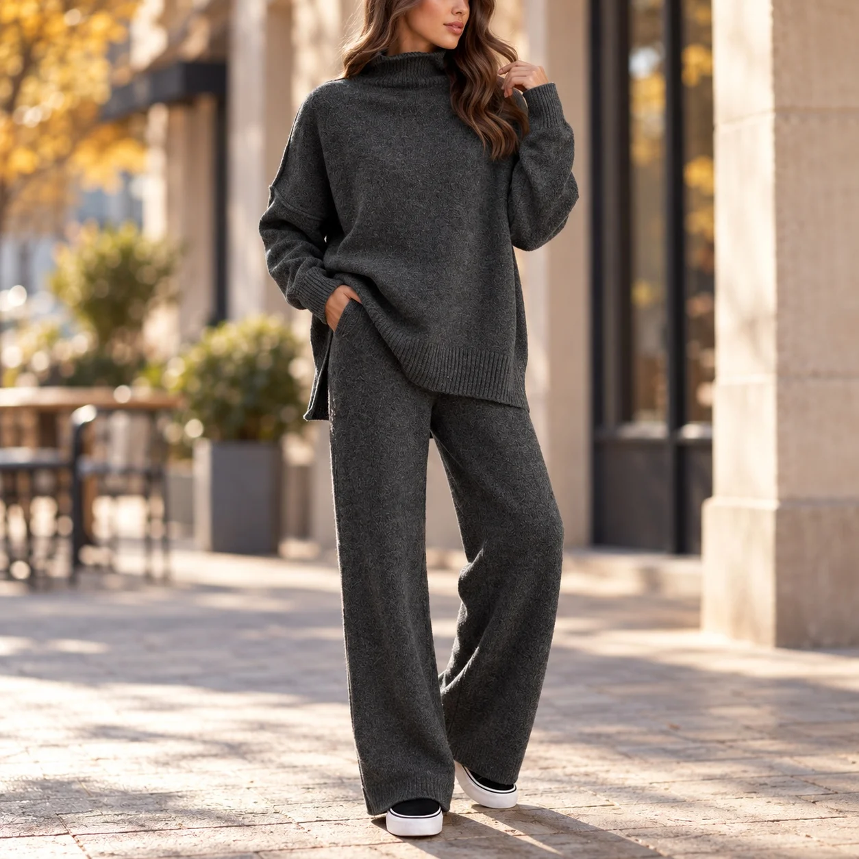 Casual Top Loose Fit Straight Leg European and American Style with Winter Full Length Wrinkle Finish Streetwear Women Sets